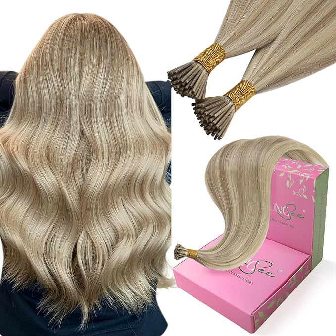 YoungSee I Tip Extensions Highlight Golden Blonde and Blonde Itip Human Hair Extensions Blond Itip Hair Extension Real Human Hair 16 Inch Keratin Tip Hair Extension Easy to Wear 80s 50g for Girls