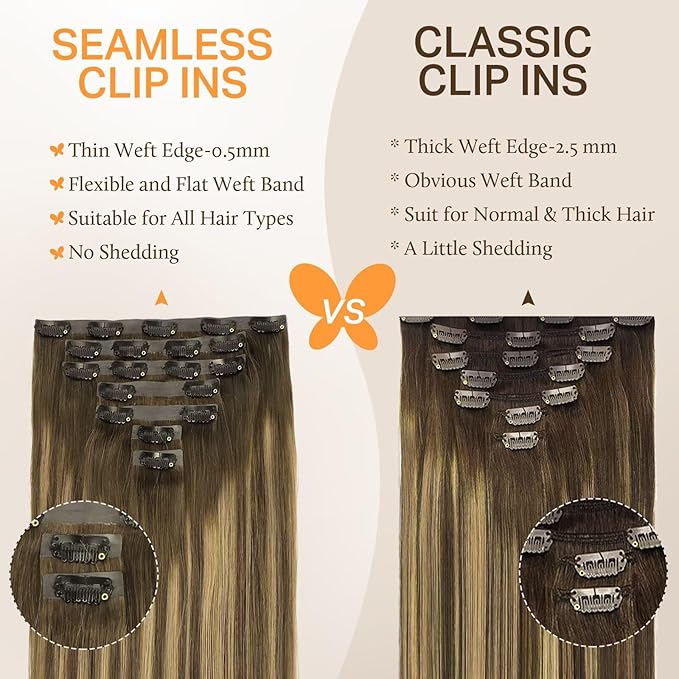 DOORES Clip in Hair Extensions, Chocolate Brown to Caramel Blonde 130g9pcs 14 Inch Virgin Remy Straight Human Hair Extensions for Women