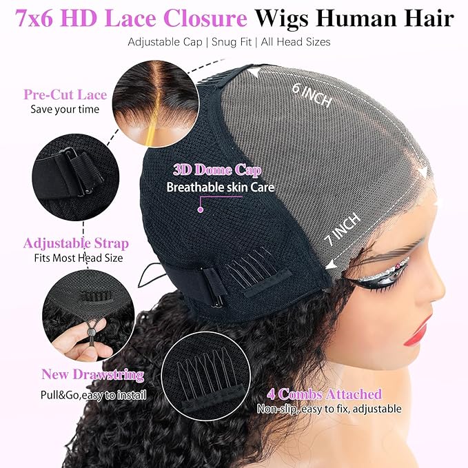 7x6 Burmese Curly Glueless Wigs Human Hair Pre Plucked Pre Cut 250% Density Drawstring Wig for Black Women 7x6 HD Lace Front Wigs Human Hair Glueless Wear and Go Nautural Color 24 Inch