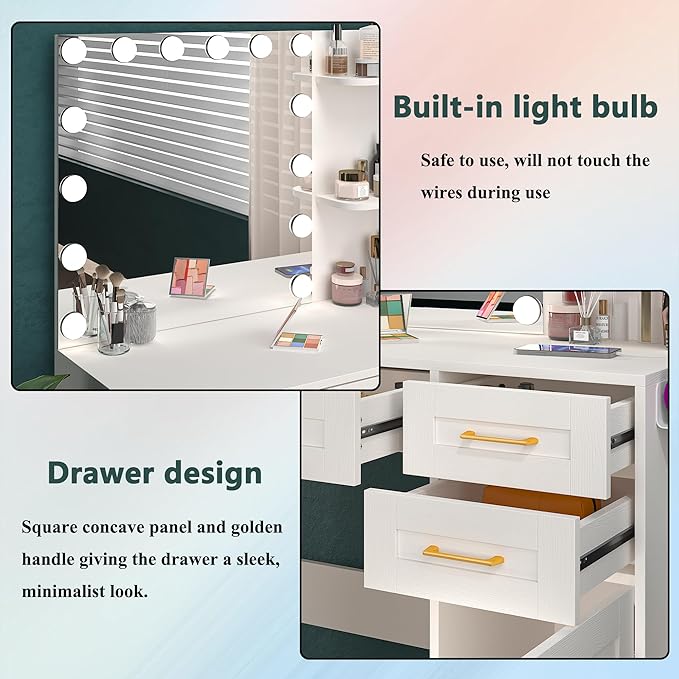Vanity Desk with Mirror and Lights, 37 inch Vanity Set with Storage Chair & Power Outlet, White Makeup Vanity with 3 Drawers & Large Cabinet, 3 Colors Lighting Adjustable Brightness, Hair Dryer Rack
