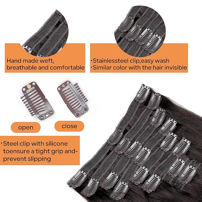 Straight Clip In Hair Extensions Real Human Hair 8Pcs Clip In Dark Brown Human Hair Extensions with 18Clips Lace Weft 120g 22inch