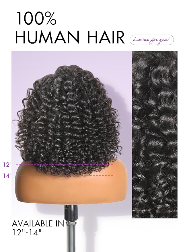 LUVME HAIR 100% Human Hair Wigs Curly Deep Wave Glueless Lace Front 16 Inches, Pre Cut Plucked Hd Lace Short Wig Ready To Go Natural Color Straight Bleached Knots Side Part Black Wigs