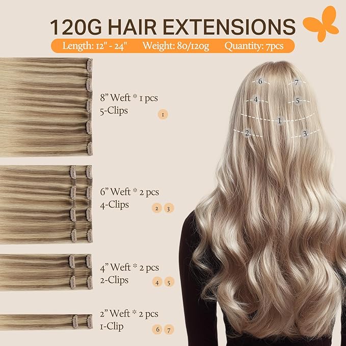 DOORES Clip in Hair Extensions Human Hair, Balayage Medium Copper to Sandy Blonde 120g 7pcs 20 Inch, Remy Human Hair Extensions Clip in Straight Natural Weft