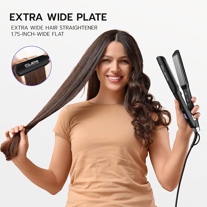 iQUE Flat Iron Hair Straightener & Curler 2-in-1 | Titanium Plates with Ionic Function | Heats in 2 Sec | Adjustable Temp up to 480°F | LCD Display | Dual Styling Tool | Dual Voltage 100-240V | 1.75"