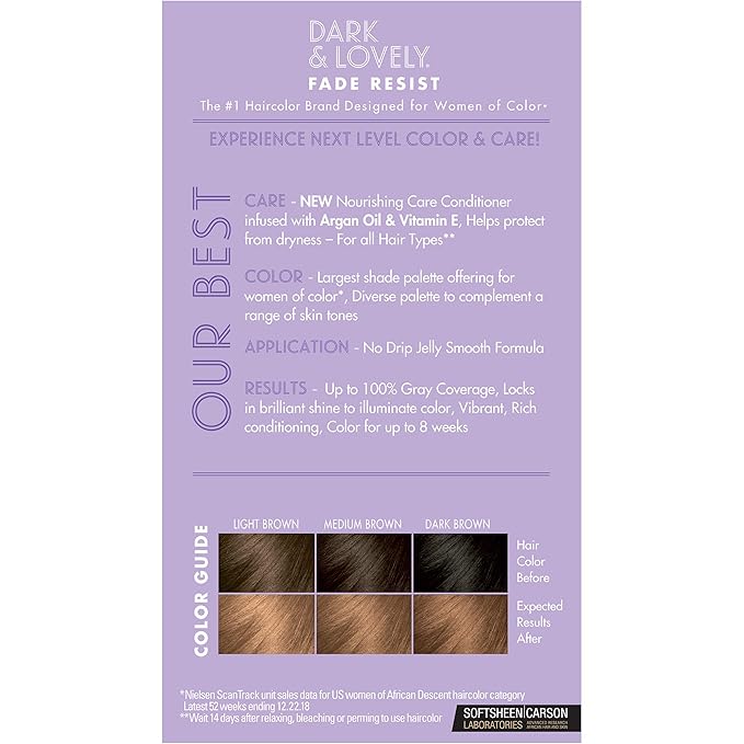 SoftSheen-Carson Dark and Lovely Fade Resist Rich Conditioning Hair Color, Permanent Hair Color, Up To 100 percent Gray Coverage, Brilliant Shine with Argan Oil and Vitamin E, Honey Blonde, 2 Count