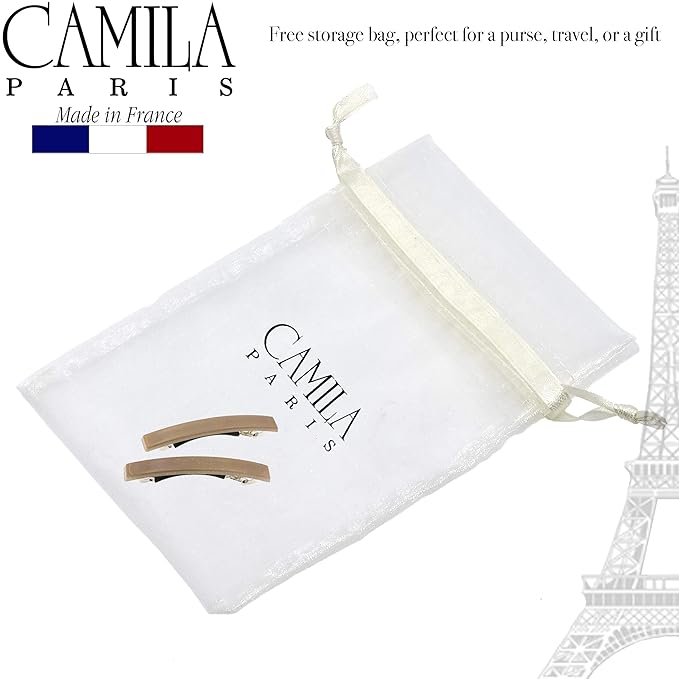 Camila Paris CP3074 French Hair Barrette Clip for Girls, Set of 2 Beige Rubberized Metal Clasp Strong Hold Grip Hair Clips for Women, No Slip Durable Styling Girls Hair Accessories, Made in France