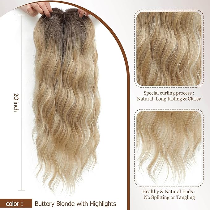 MORICHY Hair Toppers for Women Clip in Hair Topper with Bangs 20inch Buttery Blonde with Highlights Long Wavy Curly Synthetic HairPieces for Women
