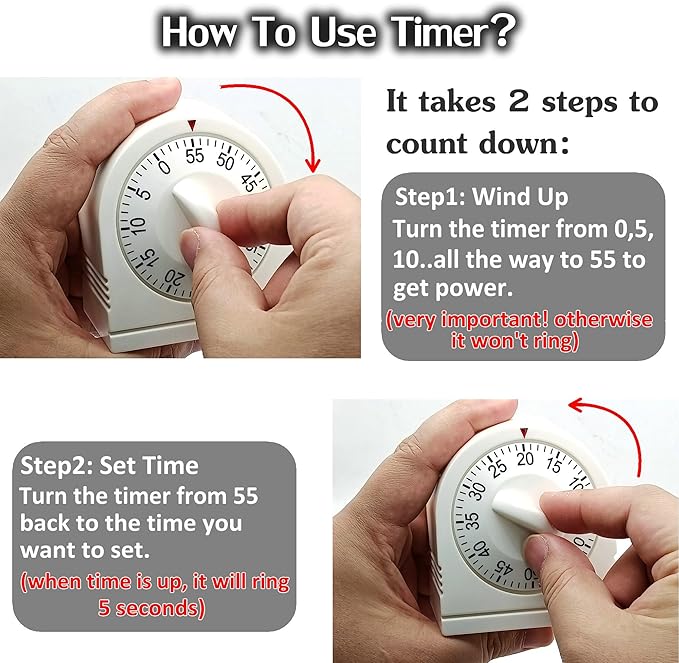 60 Minute Wind Up Timer, Visual Mechanical Timer with Loud Alarm, Manual Countdown Timers for Classroom, Home, Study and Cooking (2 Pack)