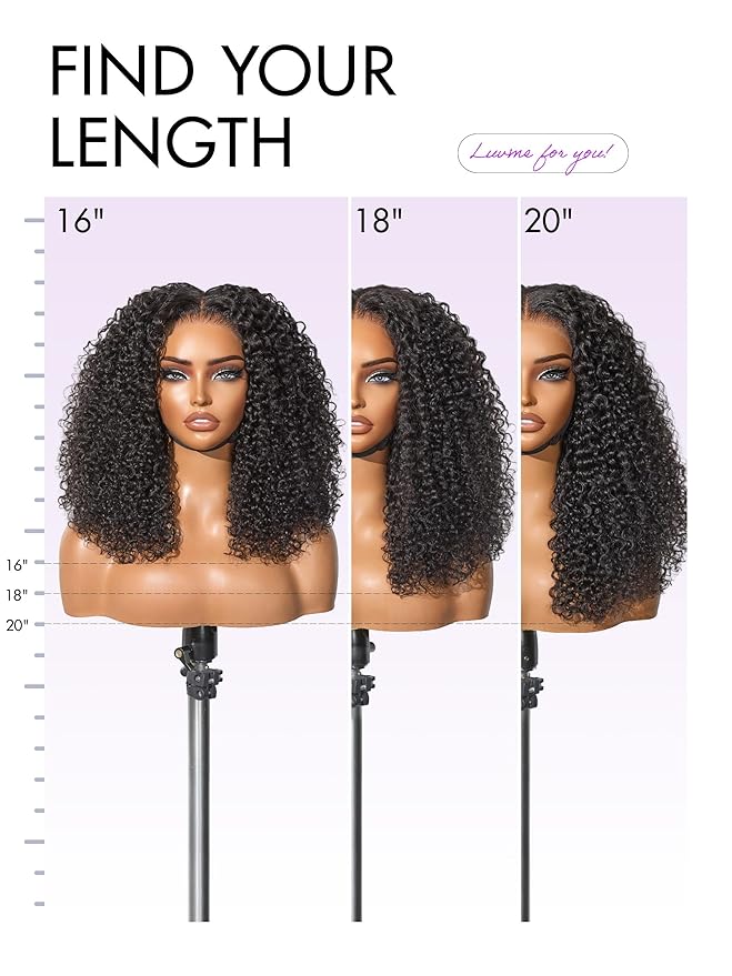 LUVME HAIR 5X5 Kinky Curly 200% Human Hair Wigs Glueless Lace Front 18 Inches Pre Cut Plucked Hd Lace Wig Ready To Go Natural Color Flexi-Fit Drawstring Cap Bleached Knots Black Wigs