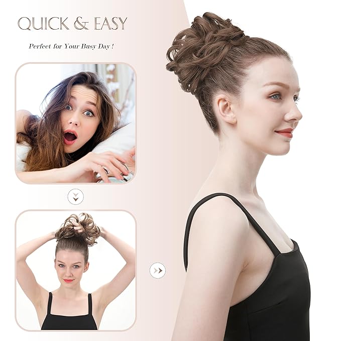 FESHFEN Messy Bun Hair Pieces - Large Wavy Curly Elastic Hair Bun Scrunchies Ponytail Extensions Synthetic Chignon Hairpieces for Women, Golden Blonde 1.94oz