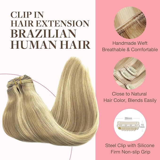 GOO GOO Clip in Hair Extensions Real Human Hair, Remy Human Hair Extensions Clip ins for Women, Natural Human Hair, 20inch 120g 7Pcs, 16/22 Light Blonde Highlighted Golden Blonde