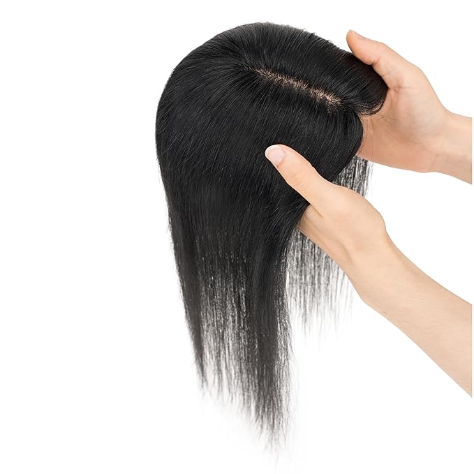 Hairro Human Hair Toppers Free Parted, 3.5x4.7" Base Hand-wovened 100% Real Hairpieces, with Invisible Clips-in for Women, for High Hairline/Adding Volume on Top, 10 Inch Jet Black