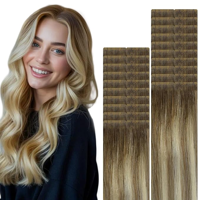 VINBAO Invisi Edge Tape in Hair Extensions Human Hair Balayage Ombre Darker Brown to Ash Brown with Blonde 50g 20pcs Injection Tape in Extensions 18inch #3/8/22