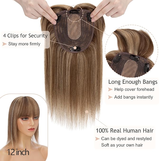 Hair Toppers for Women Real Human Hair With Bangs, 13 * 15 cm Larger Silk Base 150% Density Clip In Topper Hairpieces, Wiglet Top Pieces Add Volume -12 Inch 4P27 Medium Brown&Dark Blonde