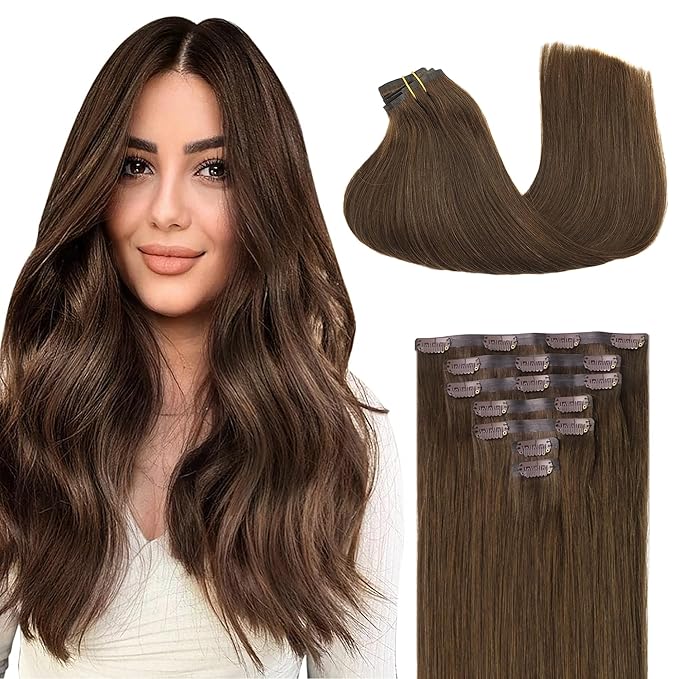 GOO GOO Clip in Hair Extensions Real Human Hair, Remy Human Hair Extensions Clip ins for Women, Natural Human Hair, 24inch 120g 7Pcs, 4A Chocolate Brown