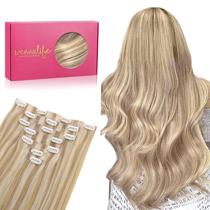 WENNALIFE Seamless Clip In Hair Extensions Human Hair, 12 Inch 80g 7pcs Dirty Blonde Highlighted Bleach Blonde Real Hair Extensions Invisible PU Skin Weft Natural Remy Human Hair