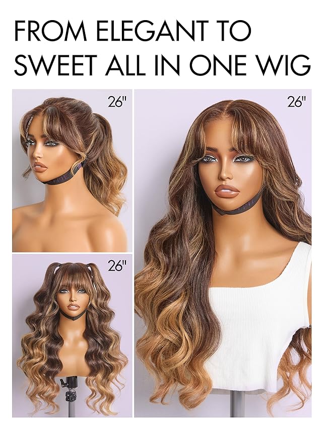 LUVME HAIR 7x6 HD Lace All-Day Comfort Wig with Bangs 200% Density Hair Lace Wigs Ombre Blonde Highlight Loose Body Wave Lace Front Wigs Human Hair Pre Cut Plucked Glueless 20 Inches