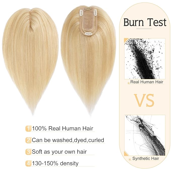 SEGO Human Hair Toppers for Women With Thinning Hair, 7 * 13CM Silk Base 100% Real Human Hair Clip in Top Wiglet Hairpieces /8 Inch No Bangs Ash Blonde&Bleach Blonde
