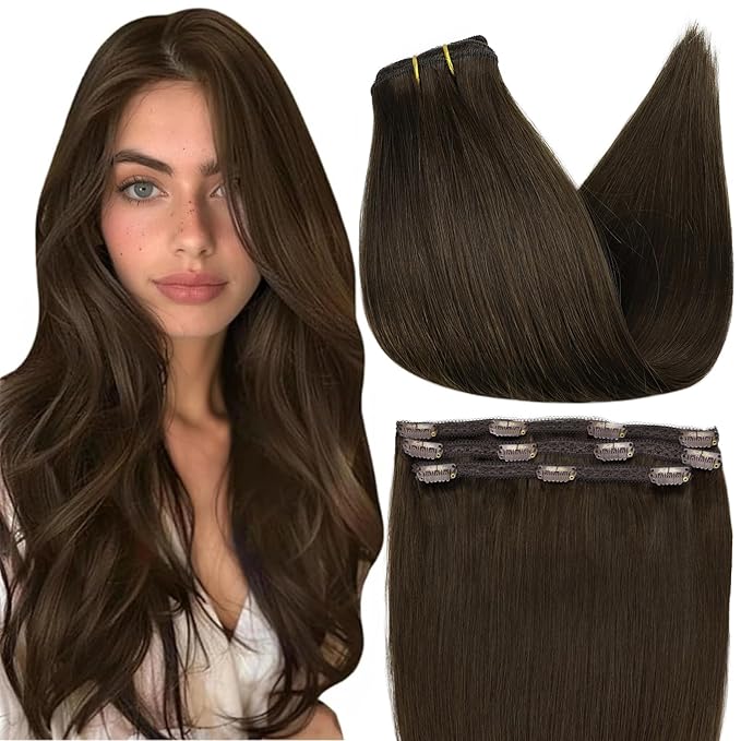 Full Shine Dark Brown Clip in Hair Extensions Real Human Hair 16 Inch Clip in Human Hair Extensions Lace Base Hair Extensions Color 2 Dark Brown Clip in Hair for Women 3 Pcs 60Grams