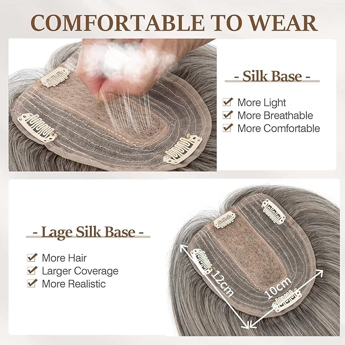 Rich Choices Hair Toppers for Women Real Human Hair 100% Human Remy Toppers NO Bangs for Women with Thinning on Top Clip in Hairpiece 4"x4.7"Lace Base 12 Inch Salt and Pepper G2 Sliver