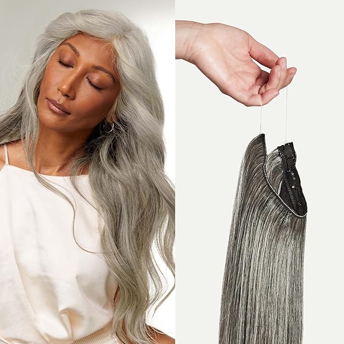 Luxy 100% Remy Human Hair – Halo Clip-In Hair Extensions –Natural Looking Volume & Length - One-Piece - Easy 5-Min Application 180 grams 20" Light Gray Halo