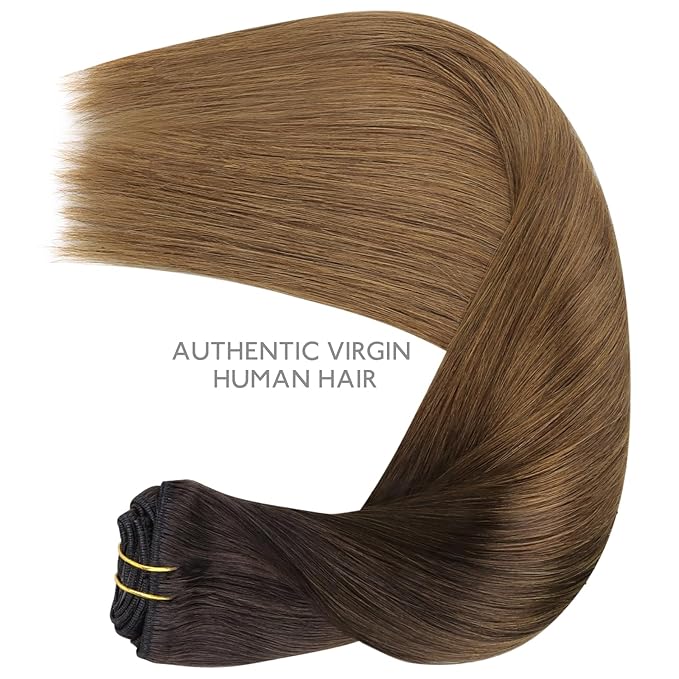 WENNALIFE Clip in Hair Extensions Real Human Hair, 16 Inch 150g 9pcs Remy Hair, Ombre Dark Brown to Light Chestnut Brown Straight Natural Extensiones De Cabello Humano Con Clip Ins