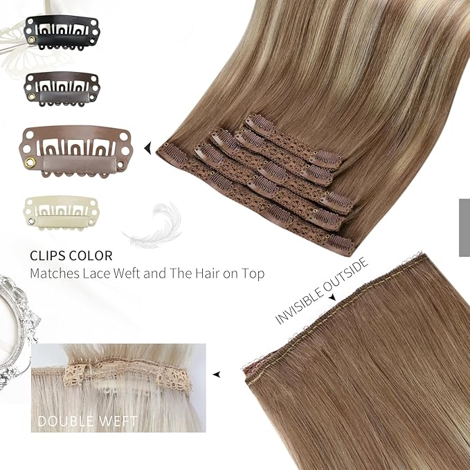 Moresoo Blonde Ombre Clip in Hair Extensions Real Human Hair Short Balayage Light Brown to Golden Blonde with Light Brown Clip in Extensions for Straight 80g/5pcs 10 inch
