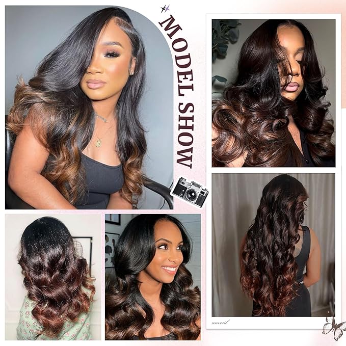T1B/2/30 Chestnut Brown Ombre Human Hair Bundles Body Wave 100% Real Virgin Human Hair Bundles Dark Roots Bundle 3 Tone Ombre Medium Auburn Colored Sew in Quick Weaves 14 16 18 Inch