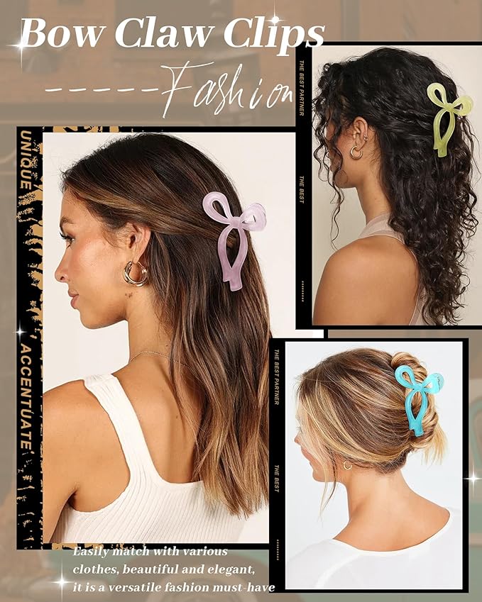 Mesovor 4 Pack Bow Hair Claw Clips for Women, Nonslip 4.3" Large Hair Grip Clawclips for Thin and Thick | Bowknot Hair Strong Hold Hair Jaw Clamps Gifts (Pink, Yellow, Blue, Off-white)