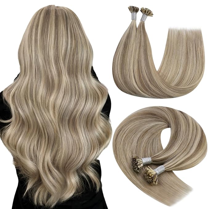 YoungSee U Tips Hair Extensions Real Human Hair Brown to Blonde Pre Bonded Utip Hair Extensions Light Brown Highlight Blonde Human Hair K Tips Extension Highlight for Short Straight Hair 14In 50s/50g
