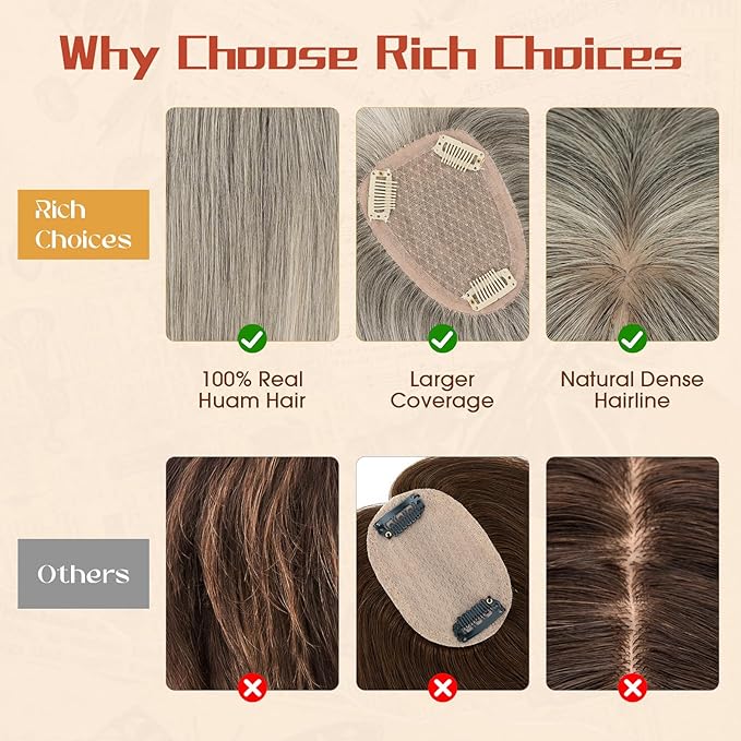 Rich Choices Human Hair Toppers for Women-100% Real Remy Hair Topper with 3D 360°Bang-Upgraded 150% Density 9 * 12CM Lace Base-Clip in Hairs topper for Thinning Hairs-14Inch #G3 Salt and Pepper Grey