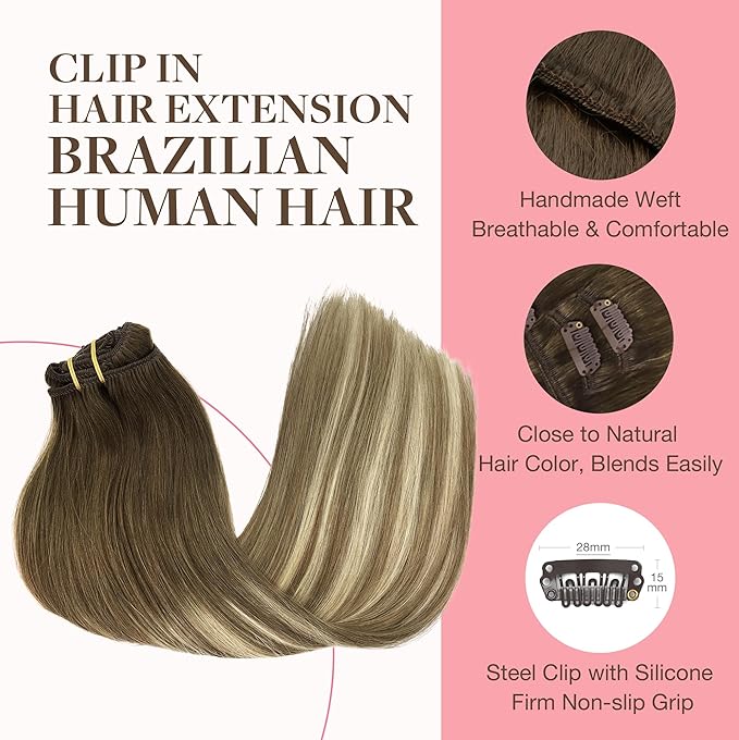 GOO GOO Clip in Hair Extensions Real Human Hair, Remy Human Hair Extensions Clip ins for Women, Natural Human Hair, 20inch 160g 7Pcs, #3/8/613 Balayage Walnut Brown to Ash Brown and Bleach Blonde