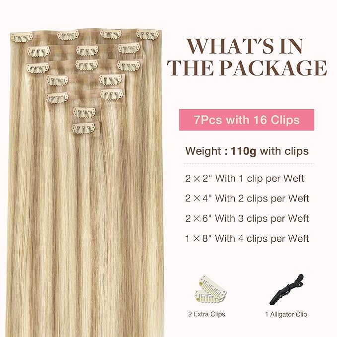 GOO GOO Clip in Hair Extensions Real Human Hair, Remy Human Hair Extensions Clip ins for Women, Natural Human Hair, 14inch 110g 7Pcs, 18A/613A Dark Blonde Highlighted Bleach Blonde
