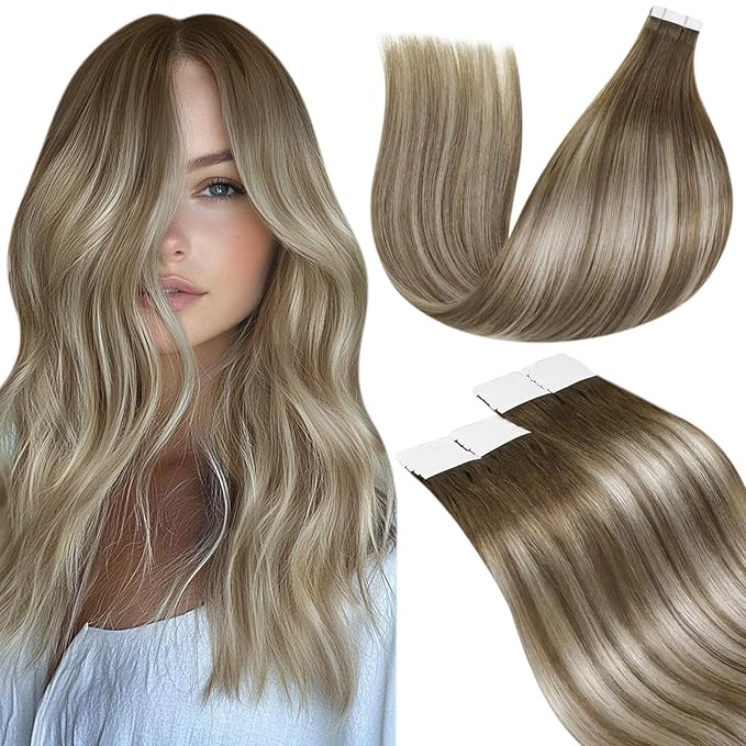 LaaVoo Tape in Hair Extensions Human Hair Ombre Hair Extensions Tape on Balayage Light Brown Fading to Platinum Blonde with Brown Tape in Extensions Silky Straight 14inch 20pcs 50g