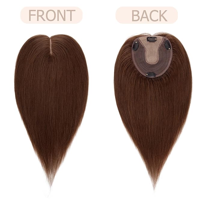 Hair Toppers for Women Real Human Hair No Bangs, 13 * 15 cm Larger Silk Base 150% Density Clip In Topper Hairpieces, Wiglet Top Pieces Add Volume -12 Inch 04 Medium Brown