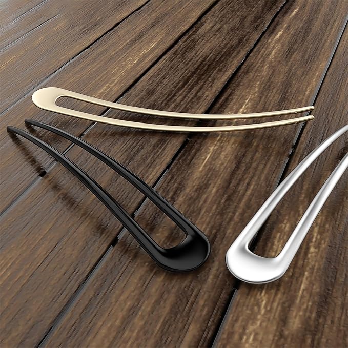 French Hair Pins Metal Hair Forks U Shaped Long Chignon 2 Prong Sticks for Women Hair Accessories (Black, Gold, Silver) 3Pcs