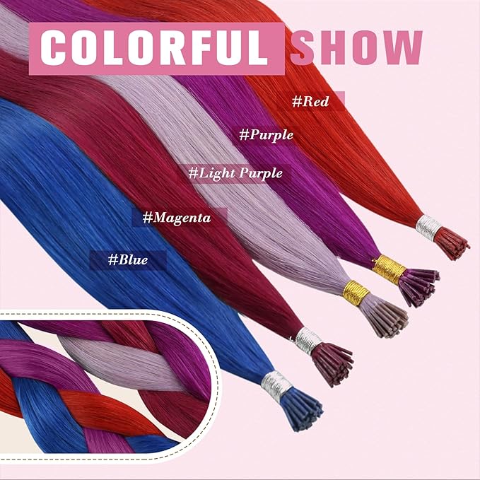 YoungSee Itip Human Hair Extensions Purple Human Hair I Tip Extension 22 Inch Itips Hair Extension Real Human Hair Purple I-Tips Pre Bonded Long Hair Cold Fusion 25s 25g