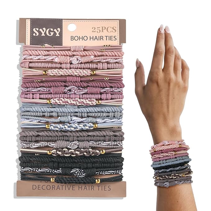 25 PCS Boho Hair Ties, Bracelets Hair Ties for Thick or Thin Hair, 5 Styles Boho Ties for Ponytail Holders, 2.36’’ Hair Ties No-Damage, Christmas Gifts, Multicolor