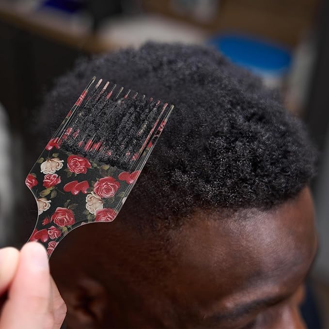 VOCOSTE Wide Tooth Afro Hair Pick Comb, Hair Styling Tool for Men Plastic Flower Pattern, 5.9 Inch