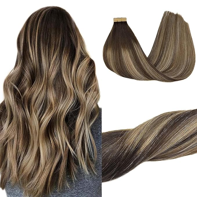 GOO GOO Tape in Hair Extensions Human Hair, 4/26/4 Balayage Chocolate Brown to Honey Blonde, 14inch 50g 20pcs, Skin Weft Seamless Invisible, Silky Straight with Thick Ends, Remy Human Hair