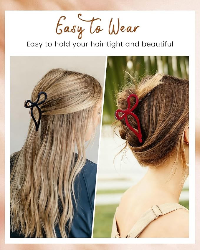 Mesovor 2 Pack Gold Metal Bow Hair Claw Clips, Nonslip 4.3" Large Hair Grip Hairclips for Thin and Thick | Acrylic Metal Strong Hold Claw Clip (Black, Red)