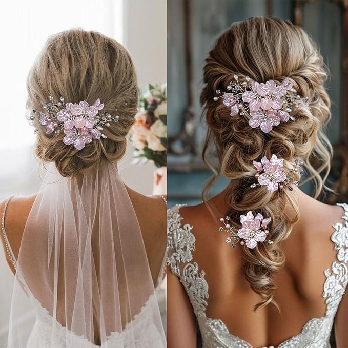 3 PCS Large Flower Bridal Wedding Hair Pins Crystal Pearl Hair Clips Headpiece Bride Hair Accessories Jewelry with Rhinestone, Glitter Emboss Pink Flower