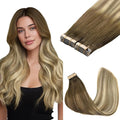 GOO GOO Tape in Hair Extensions Human Hair, 3/8/613 Walnut Brown to Ash Brown and Bleach Blonde, 14inch 100g 40pcs, Skin Weft Seamless Invisible, Silky Straight with Thick Ends, Remy Human Hair