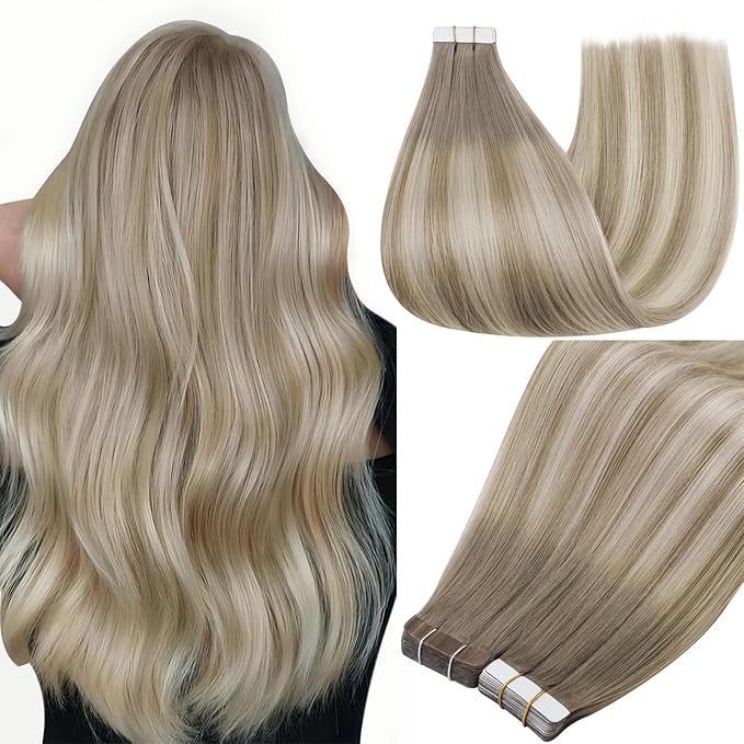 Full Shine Balayage Tape in Hair Extensions Color 19/8/60 Seamless Skin Weft Tape in Human Hair Extensions 22 Inch Double Sided Hair Extension Tape ins 50G Straight Glue in Extensions 20Pcs Women