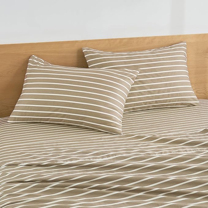 JELLYMONI 100% Natural Cotton Striped King Pillowcases Set, 2 Pack Khaki and White Stripes Pattern Printed Pillow Covers with Envelope Closure(Pillows are not Included)