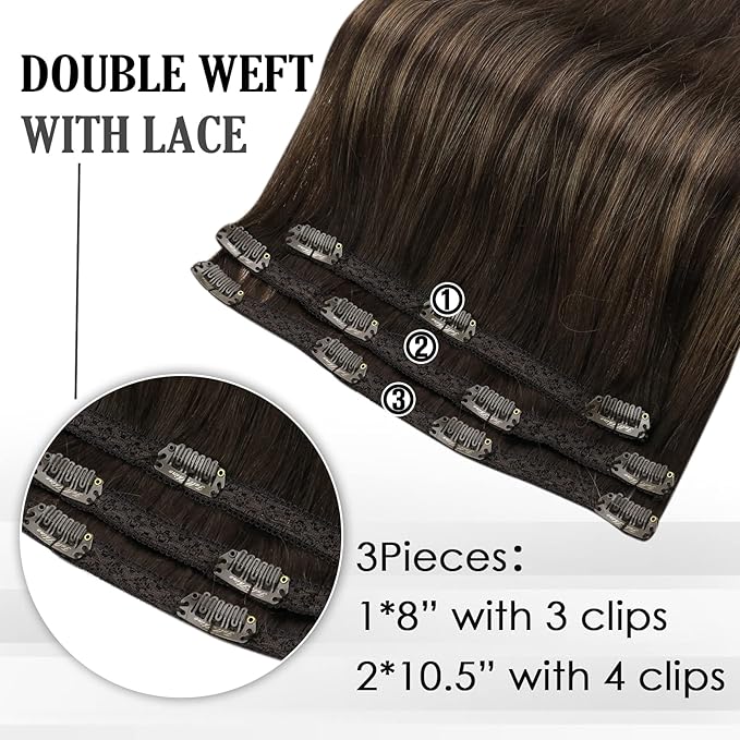 Full Shine Dark Brown Clip in Hair Extensions Real Human Hair 3 Pcs 60 G Ombre Hair Extensions Clip ins Dark Brown Balayage Invisible Human Hair for Women 16 Inch