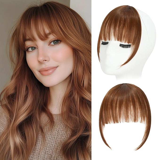 Clip in Bangs, Synthetic Wispy Bangs Hair Clip, Light Auburn Fake Bangs Fringe with Temples Hairpieces for Women Natural Curved Hair Extensions for Daily Wear