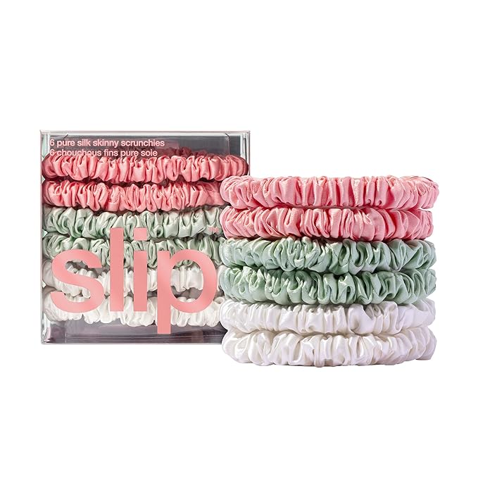 Bellerose Silk Skinny Scrunchies - 100% 22 Momme Mulberry Silk Hair-Friendly Elastic Set (6 Luxurious Scrunchies for Women)