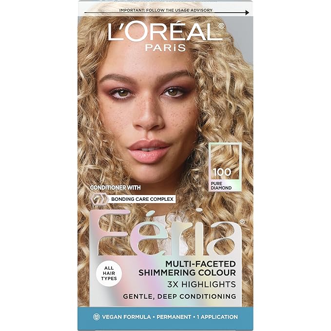 L'Oreal Paris Feria Multi-Faceted Shimmering Permanent Hair Color, 100 Pure Diamond (Very Light Natural Blonde), Pack of 1 Hair Dye Kit