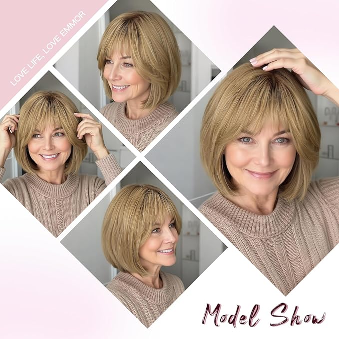EMMOR Human Hair Toppers for Women Short Bob Real Hair with Bangs 10" Side Part Hairpieces for Women with Thin Hair 6.5" × 6.5" Larger Base Human Wig Toppers(Ombre Light Brown)